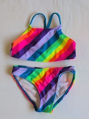 george girls rainbow stripes colorful bikini 2 piece swimsuit size XS 4/5